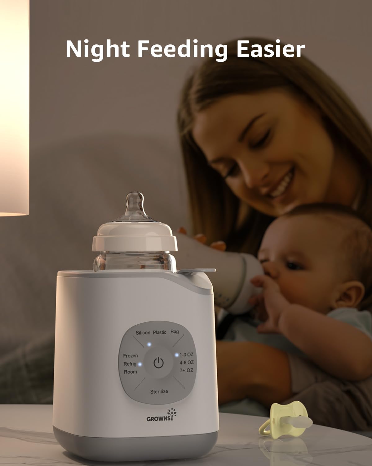 GROWNSY white and gray baby bottle warmer used by mother for night feeding of baby, showcasing ease of use.