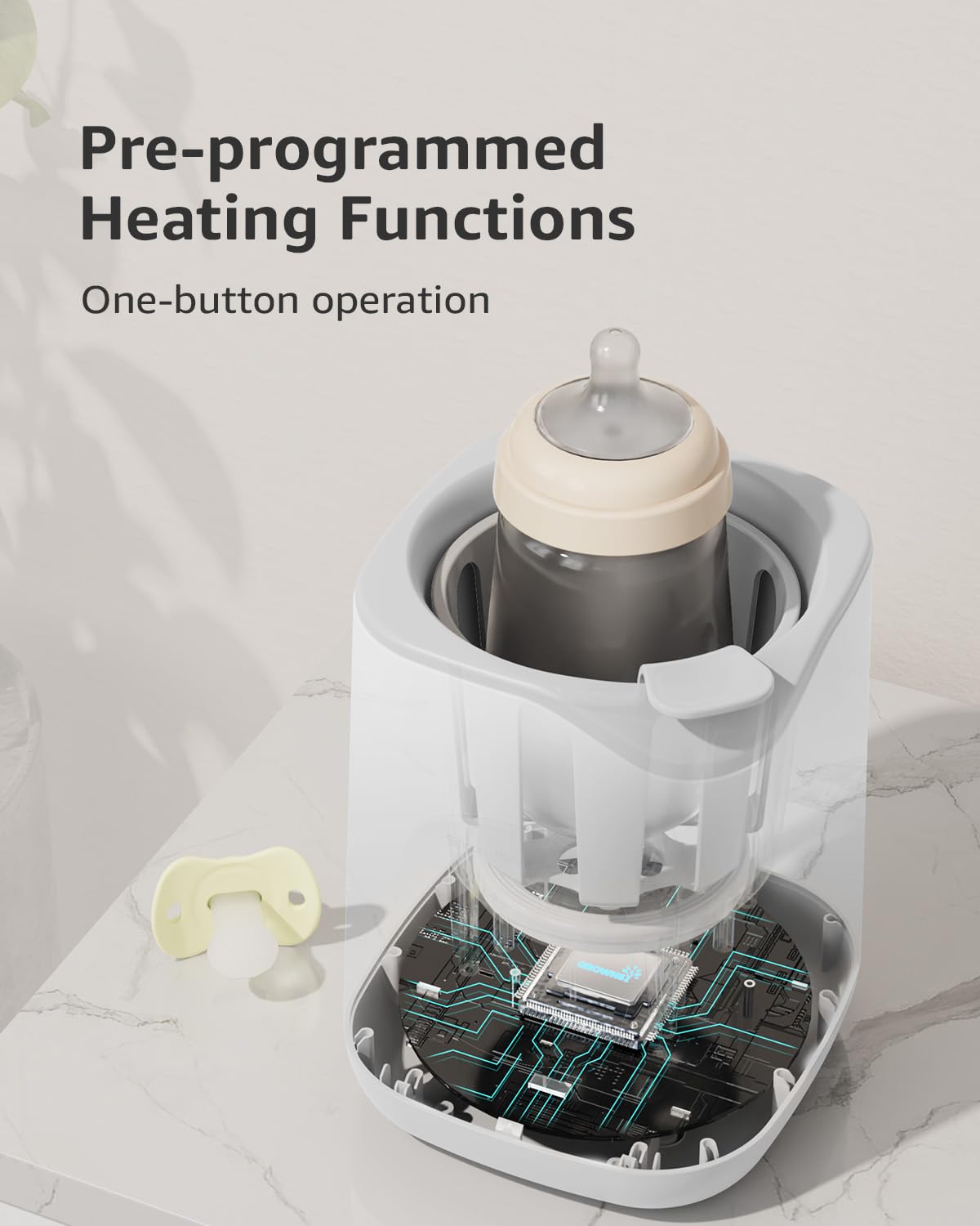 Cutaway of white GROWNSY baby bottle warmer showing internal circuitry and pre-programmed heating function text.