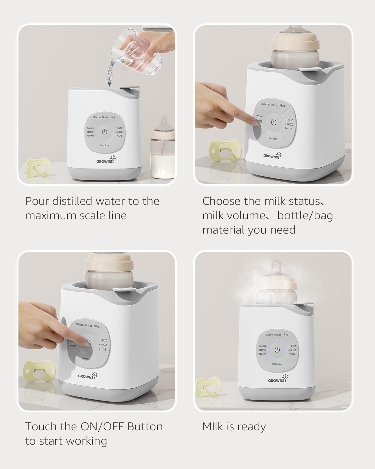 GROWNSY 10-in-1 baby bottle warmer, white/gray, showing easy 4-step smart control operation.