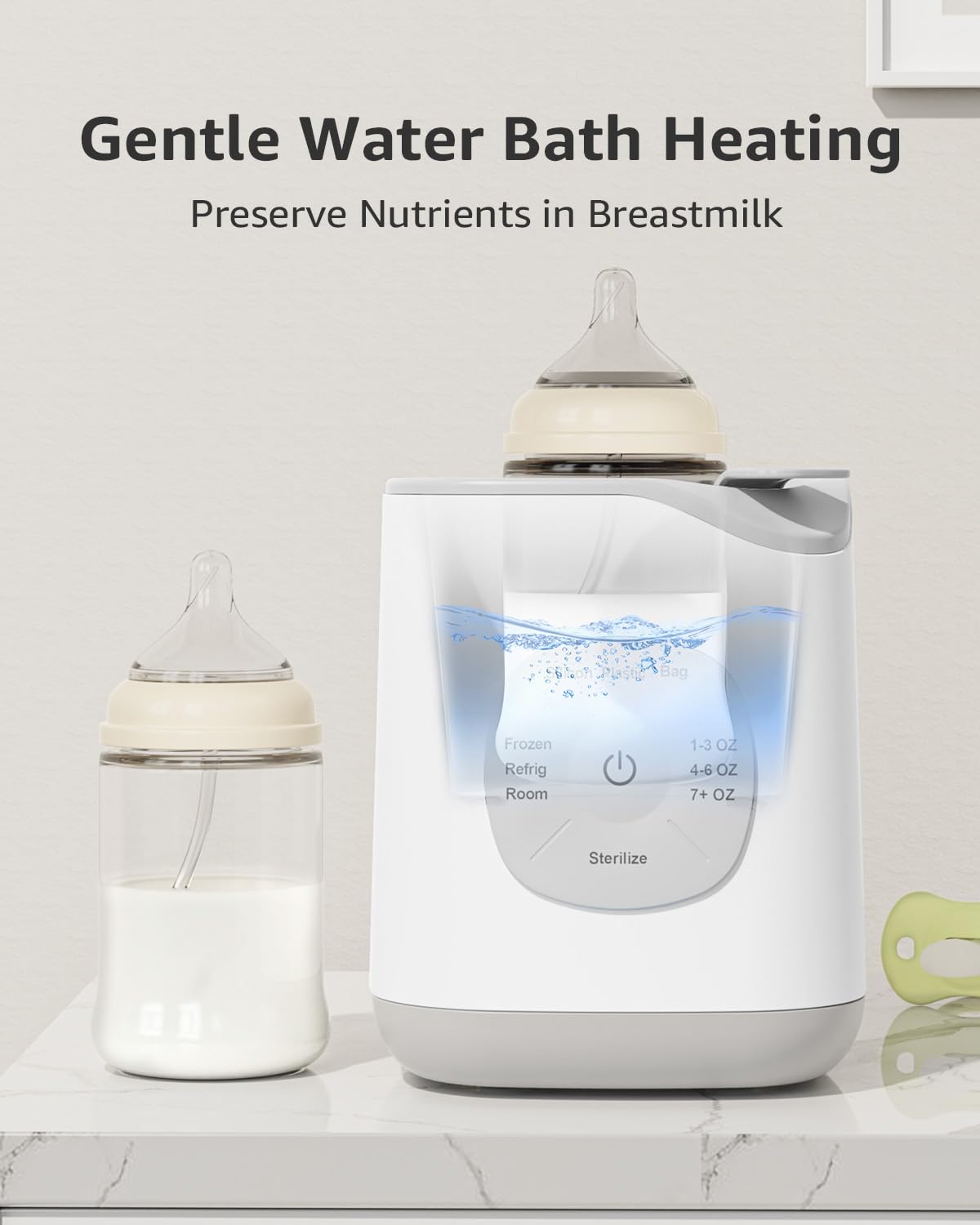 GROWNSY white & gray bottle warmer with gentle water bath heating, preserving breastmilk nutrients.