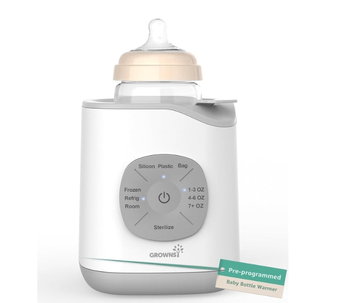 GROWNSY 10-in-1 baby bottle warmer, white & gray, with digital pre-programmed settings for warming & sterilizing milk.