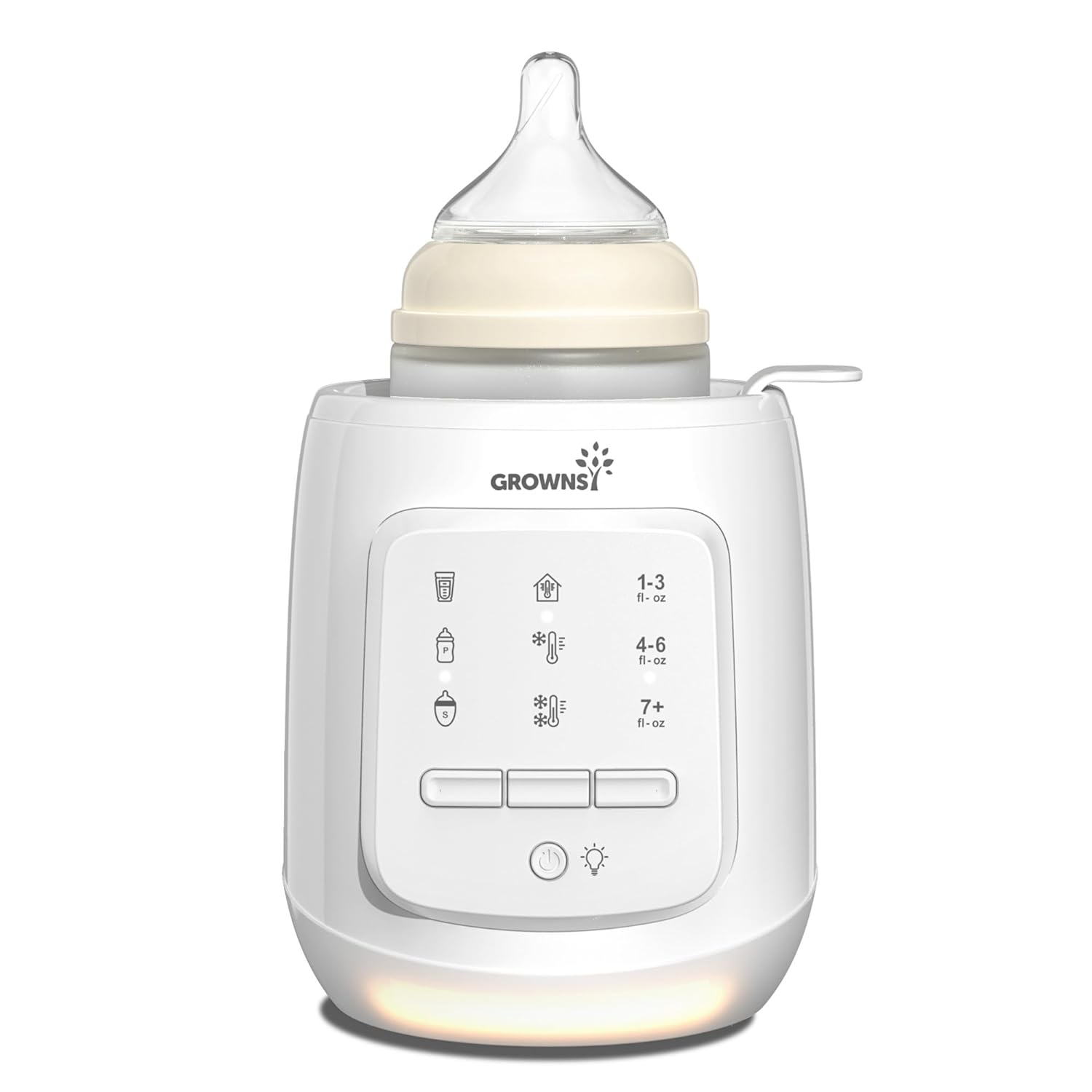 White GROWNSY 9-in-1 bottle warmer with digital display, bottle inserted. Functions: warm, defrost, sterilize.