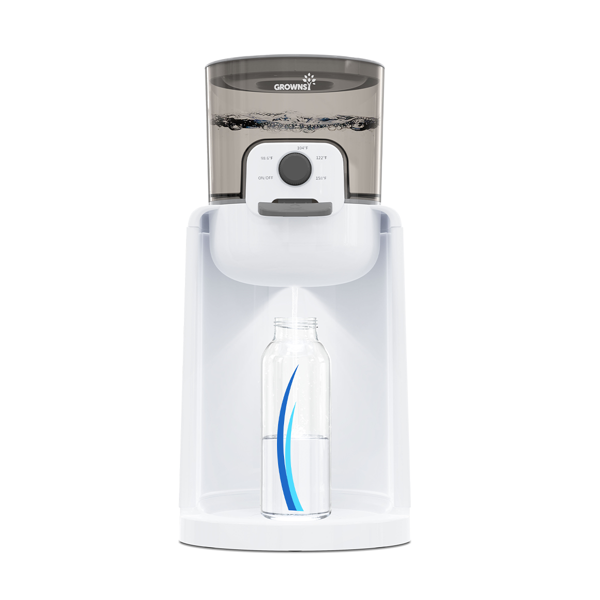 Instant baby bottle warmer dispensing warm water into a bottle, 4 temp settings.