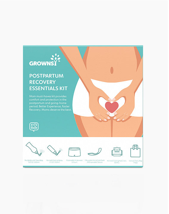 GROWSY Postpartum Recovery Essentials Kit box with illustrations of peri bottle, spray, underwear, cooling liners, and bag.