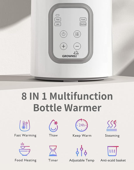 Grownsy white 8-in-1 bottle warmer: fast warm, thaw, keep warm, steam, food heat, timer, temp adjust, anti-scald basket.