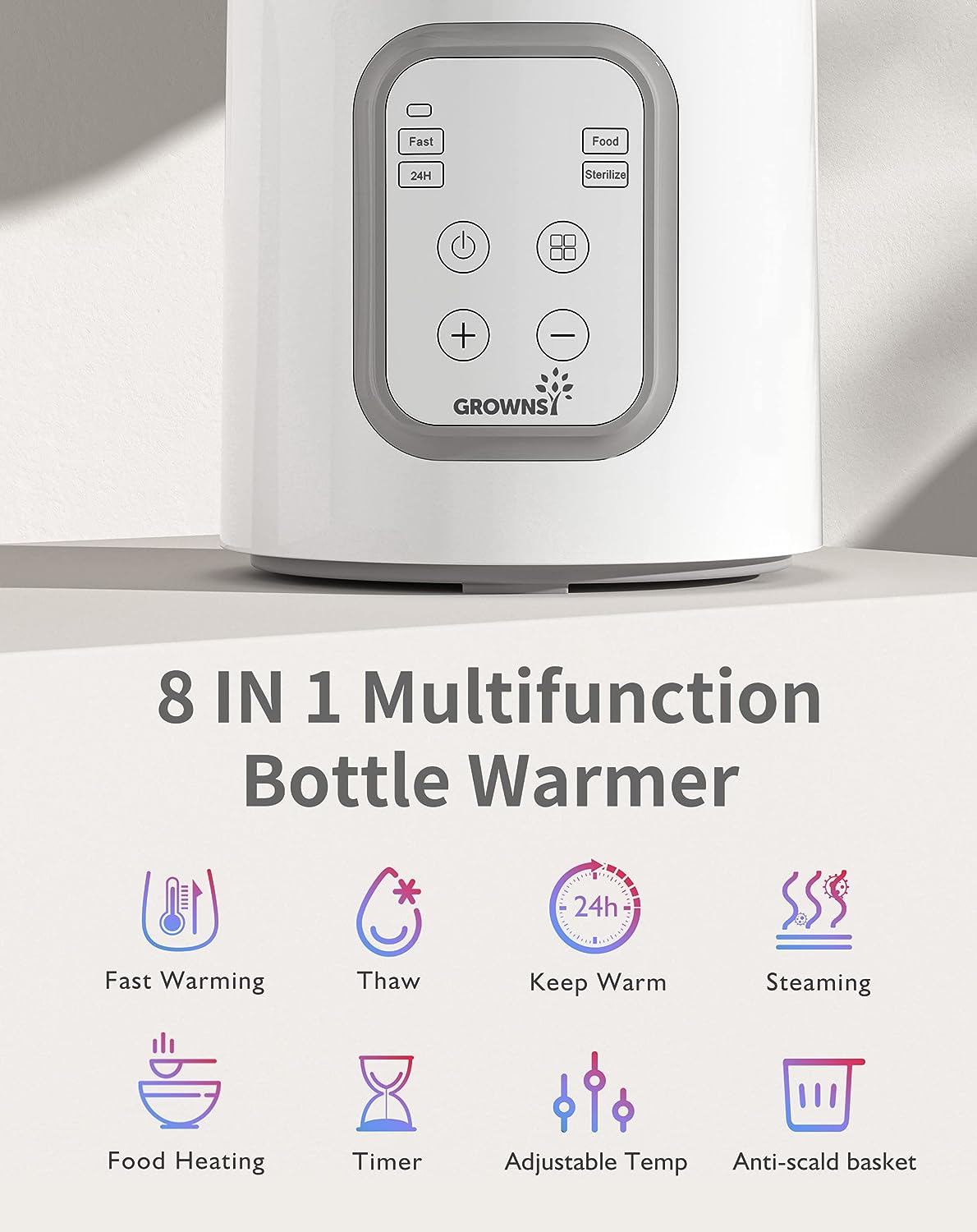 Grownsy white 8-in-1 bottle warmer: fast warm, thaw, keep warm, steam, food heat, timer, temp adjust, anti-scald basket.
