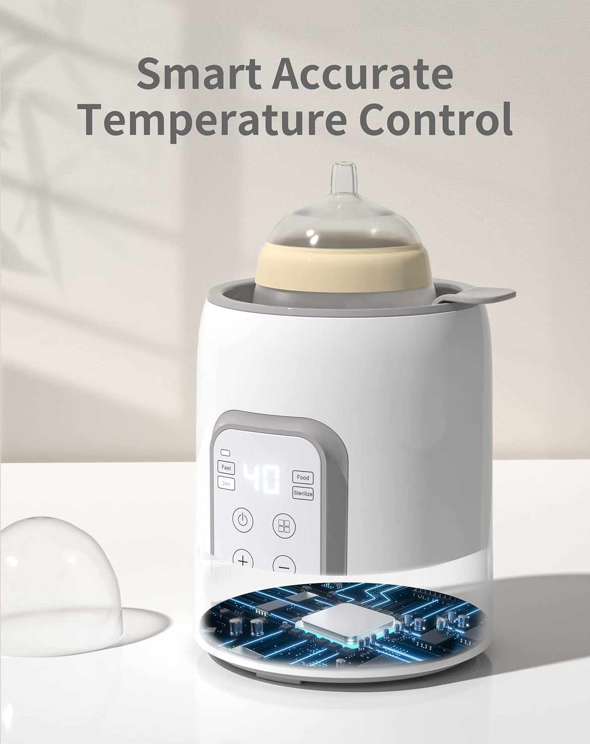 White Parent's Choice bottle warmer with digital display showing 40, warming a bottle for night feeding.