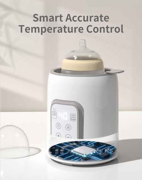 White Parent's Choice bottle warmer with digital display showing 40, warming a bottle for night feeding.