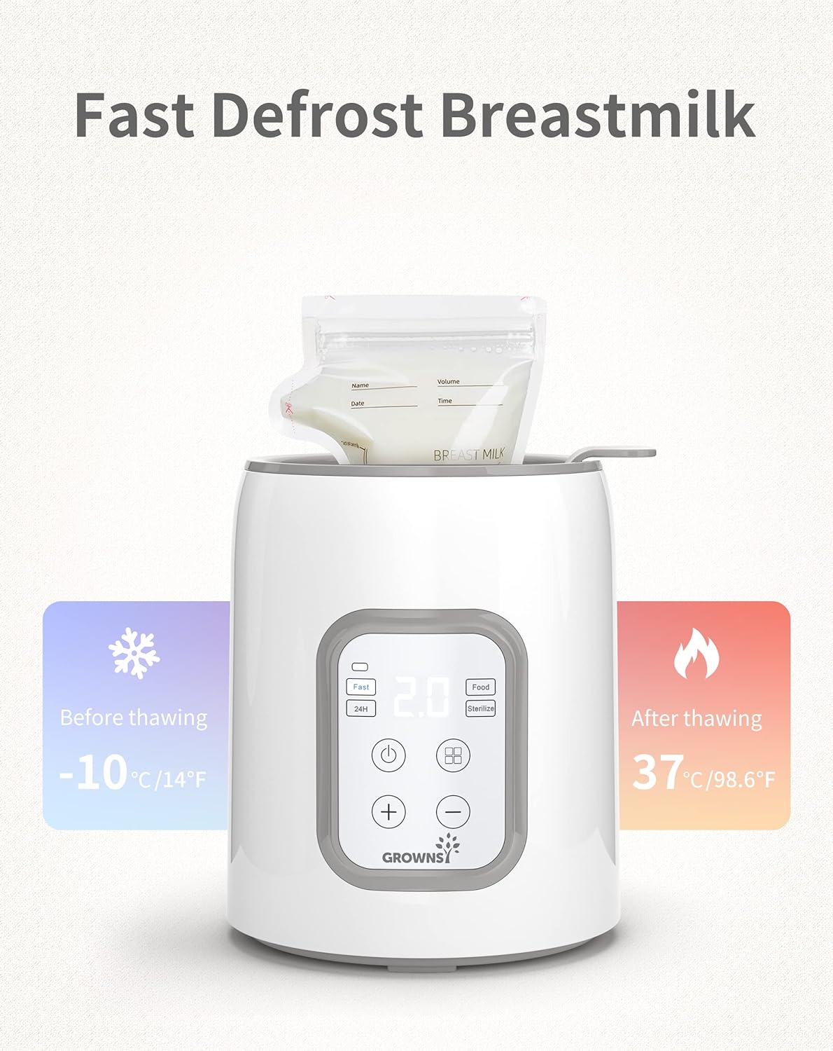 White Grownsy bottle warmer defrosting breastmilk from -10°C to 37°C, showcasing fast thaw capability for babies.