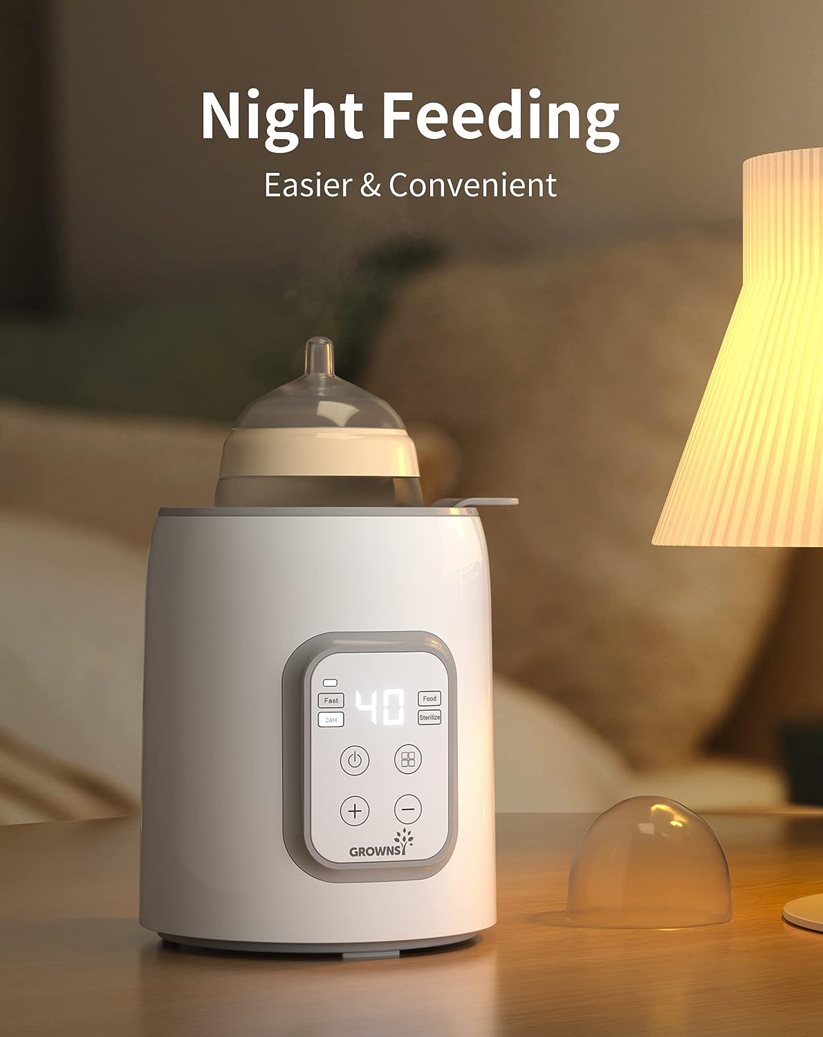 White Parent's Choice bottle warmer with digital display showing 40, warming a bottle for convenient night feeding.