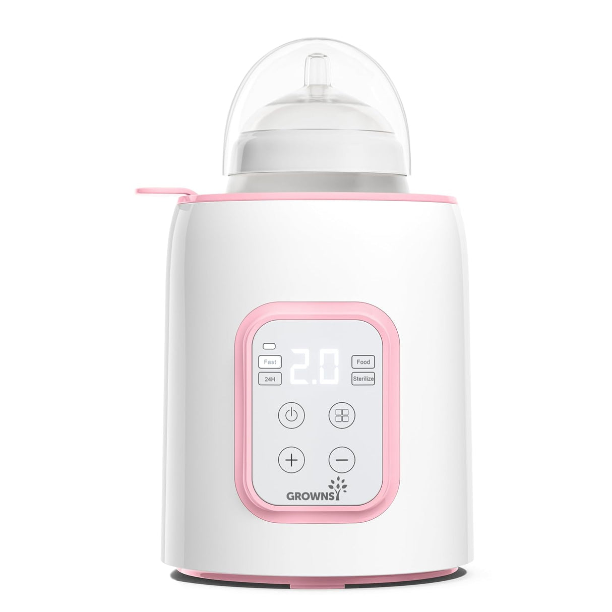 White Grownsy 8-in-1 bottle warmer with digital display and pink trim.