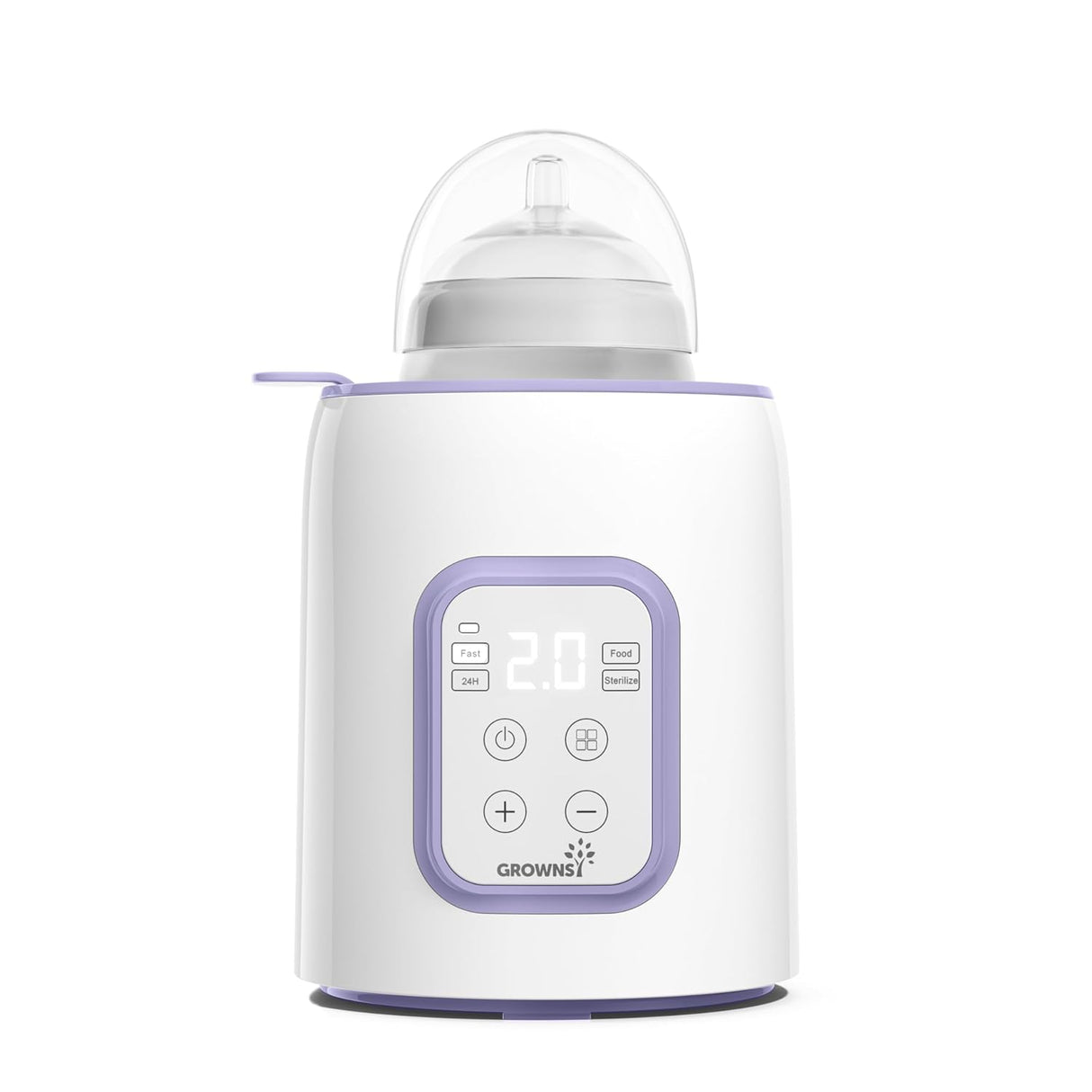 White Parent's Choice bottle warmer with purple trim, digital display showing 2.0, fast warming baby bottle for product page.