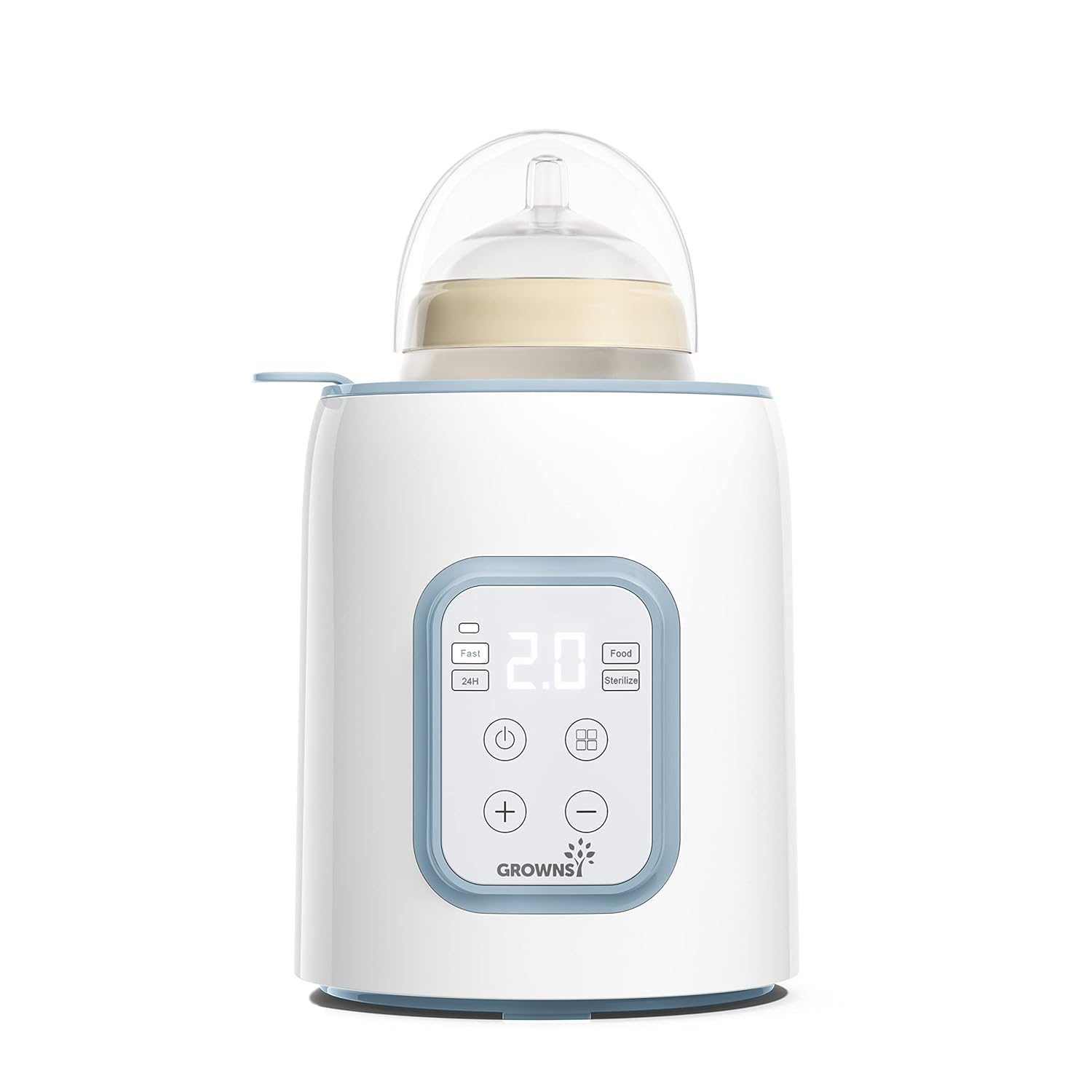 White Grownsy bottle warmer with digital timer display showing 2.0, for fast warming.