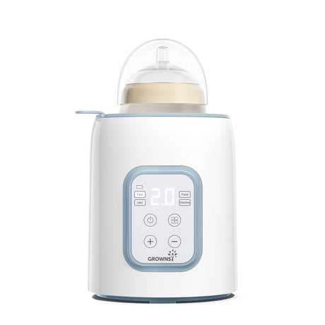 White Grownsy bottle warmer with digital timer display showing 2.0, for fast warming.
