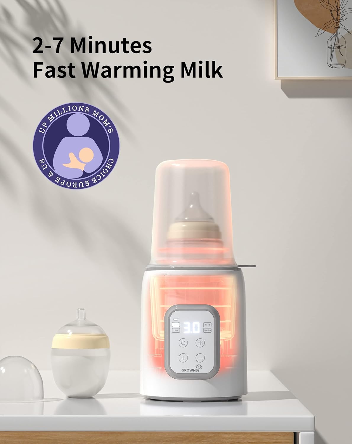 Grownsy Parent's Choice bottle warmer, white, with digital timer showing 3.0 for 3-minute fast warming.