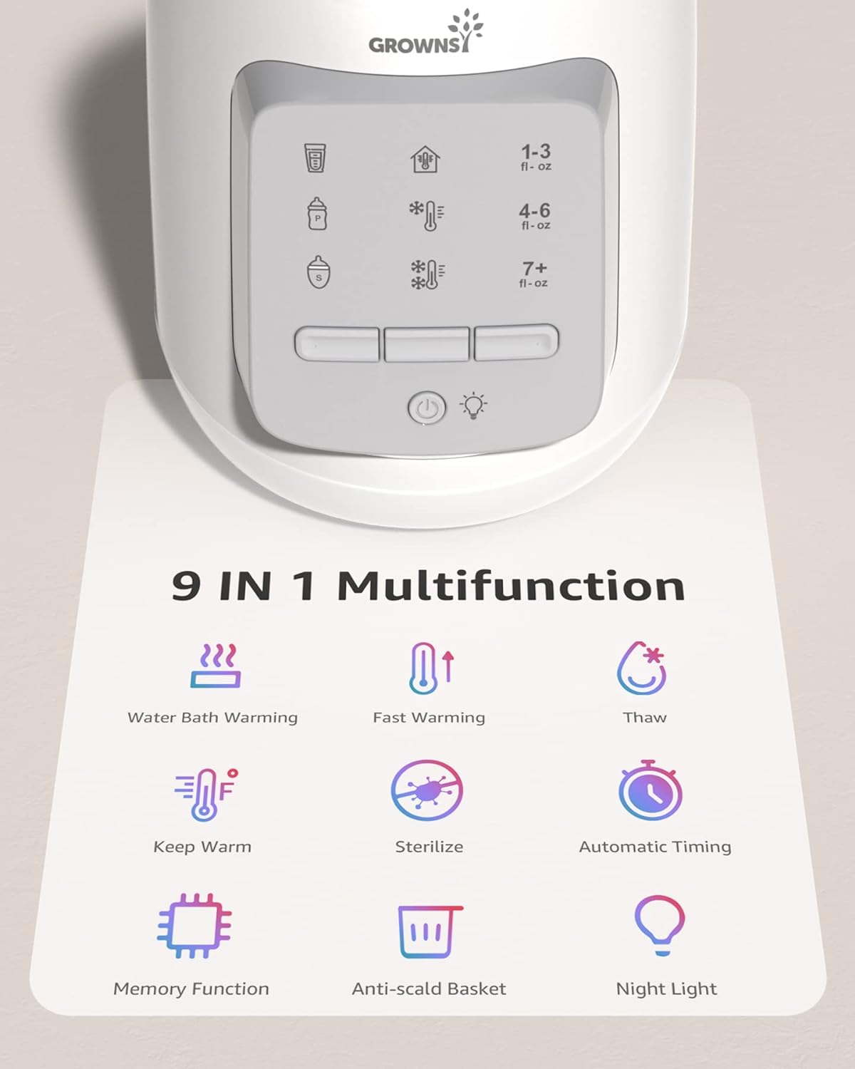 GROWNSY 9-in-1 baby bottle warmer with multifunction icons including warming, thawing, sterilizing, and timer.