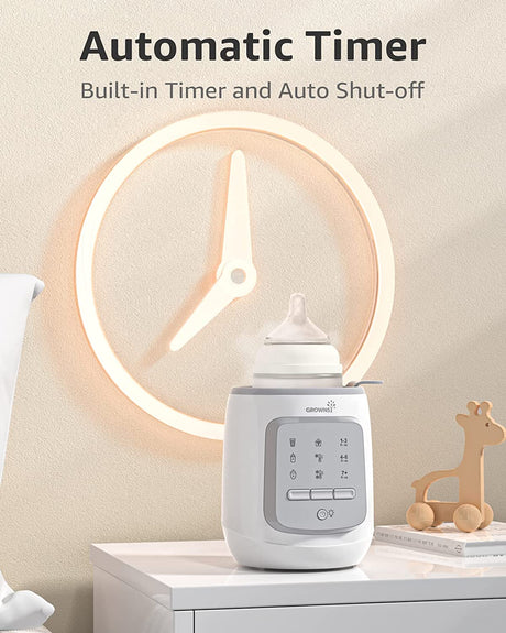 White and grey GROWNSY 9-in-1 bottle warmer with digital display, automatic timer, and auto shut-off.