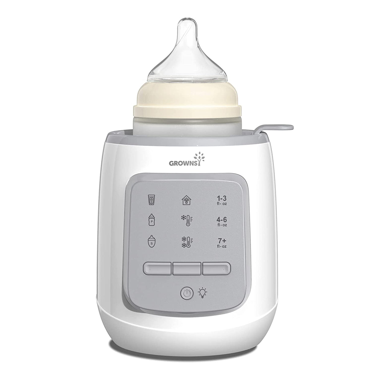 GROWNSY 9-in-1 Baby Bottle Warmer with digital display, bottle inserted. Functions: warm, defrost, sterilize.