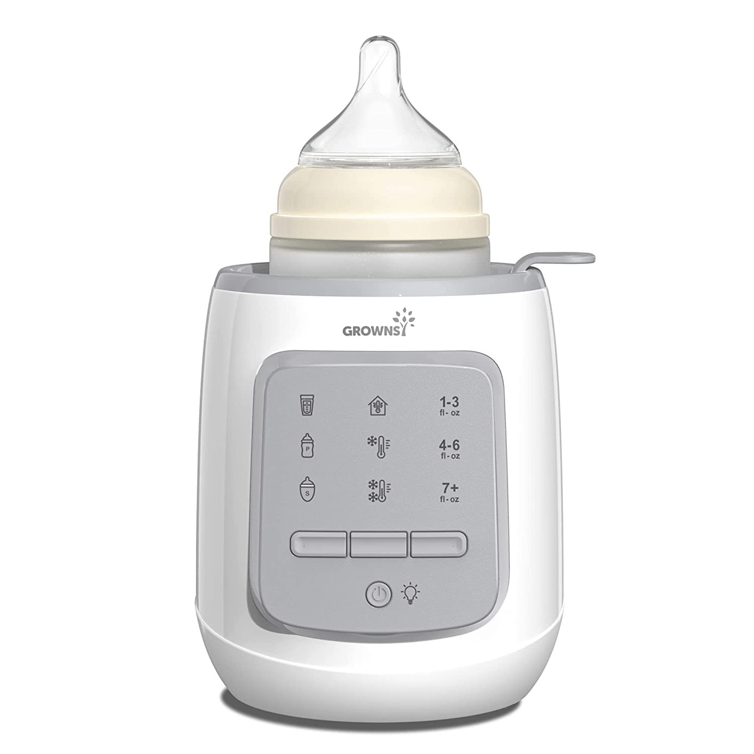 GROWNSY 9-in-1 Baby Bottle Warmer with digital display, bottle inserted. Functions: warm, defrost, sterilize.
