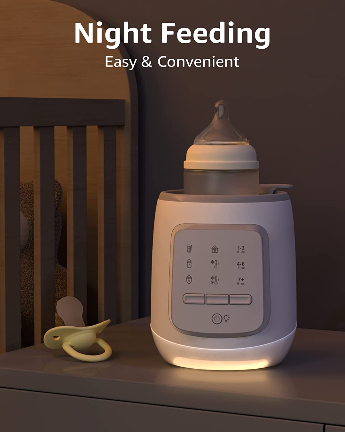 White GROWNSY 9-in-1 baby bottle warmer with night light, perfect for easy nighttime feeding on a nightstand.