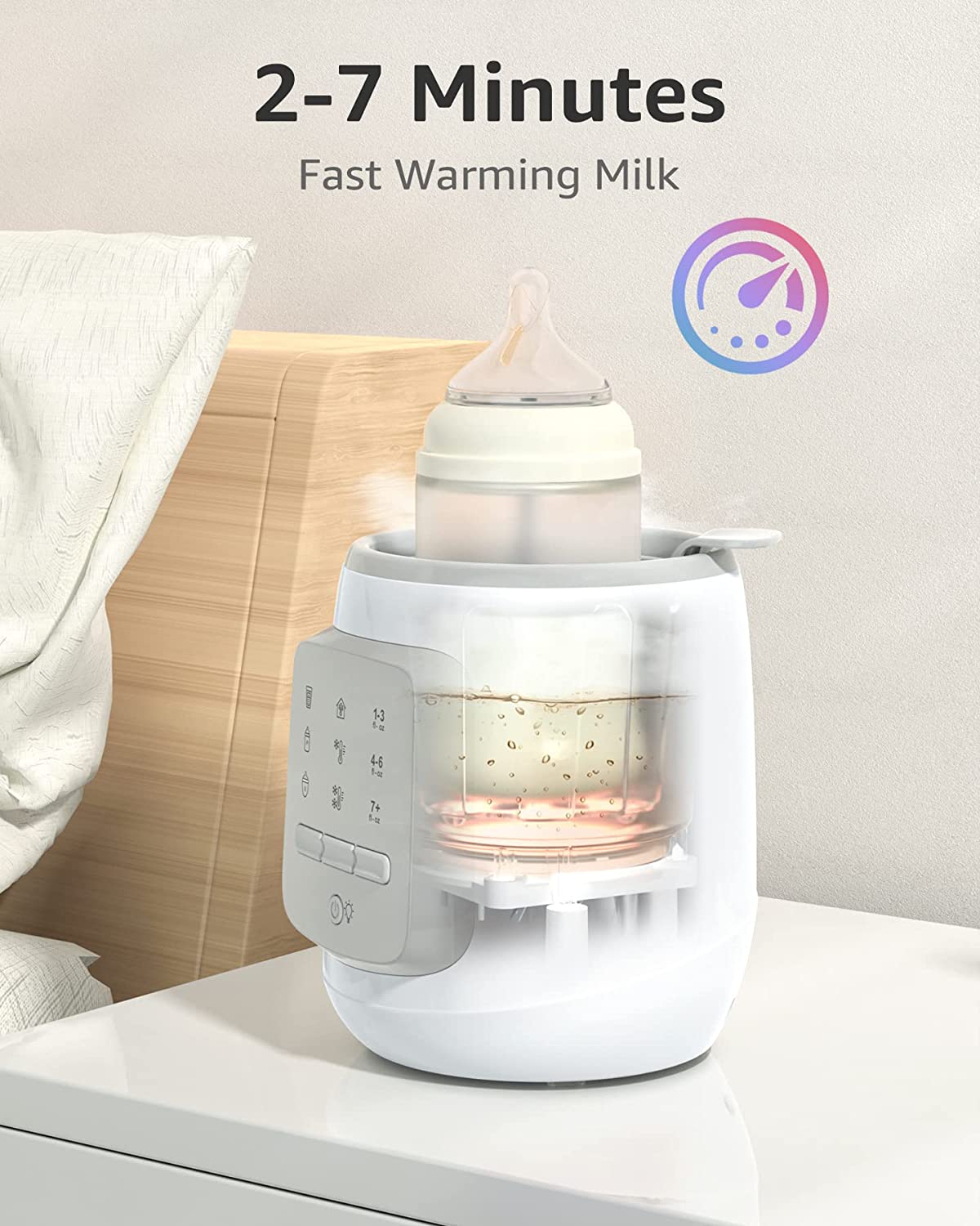 Baby bottle warmer in use, showing fast 2-7 minute milk warming with digital timer. White and grey design.