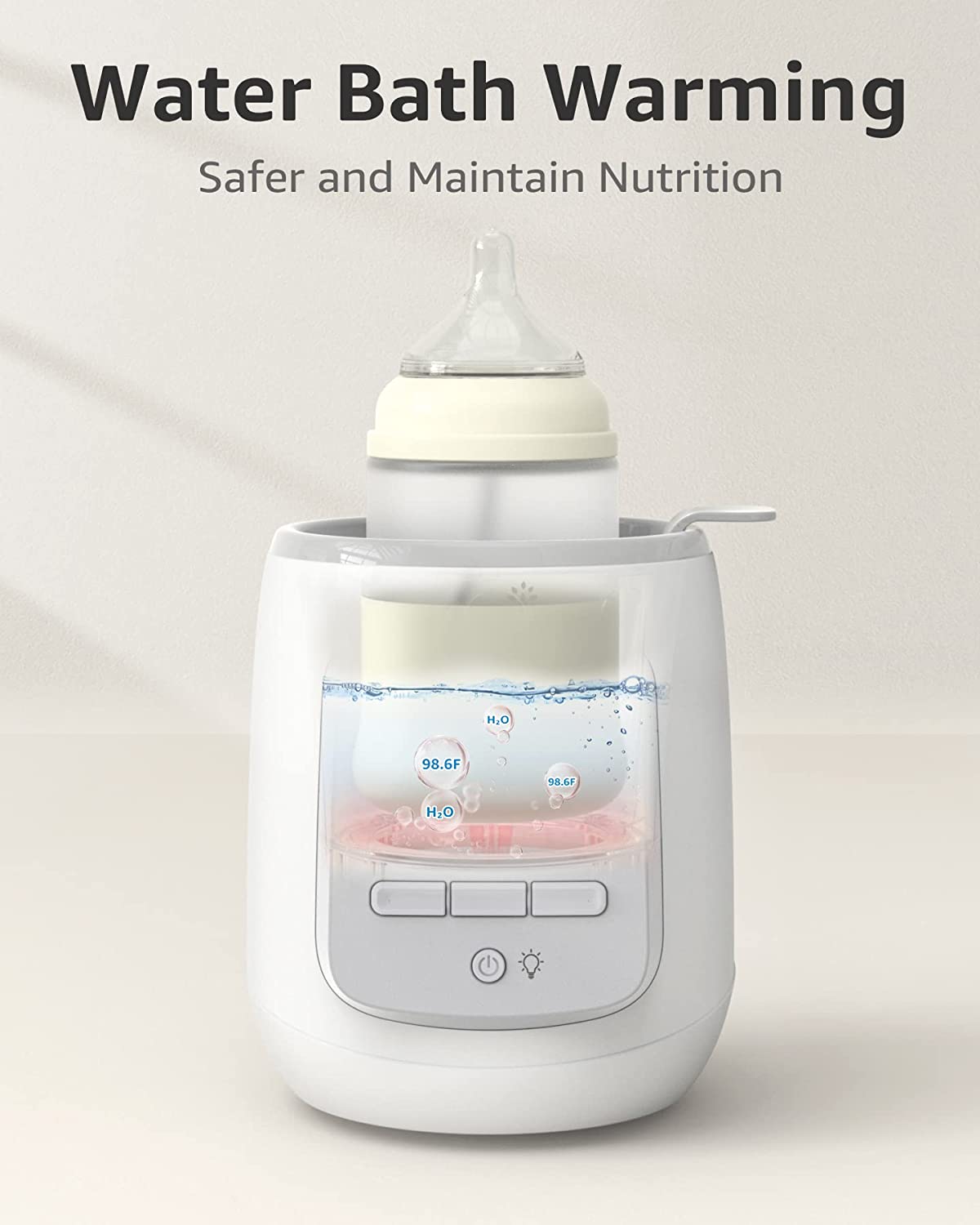 White 9-in-1 baby bottle warmer showing water bath warming method to 98.6F, preserving nutrients.