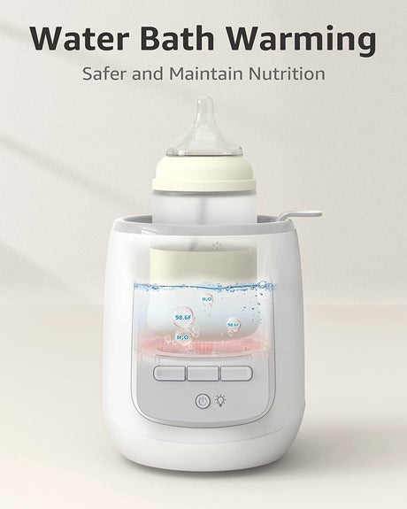 White 9-in-1 baby bottle warmer showing water bath warming method to 98.6F, preserving nutrients.