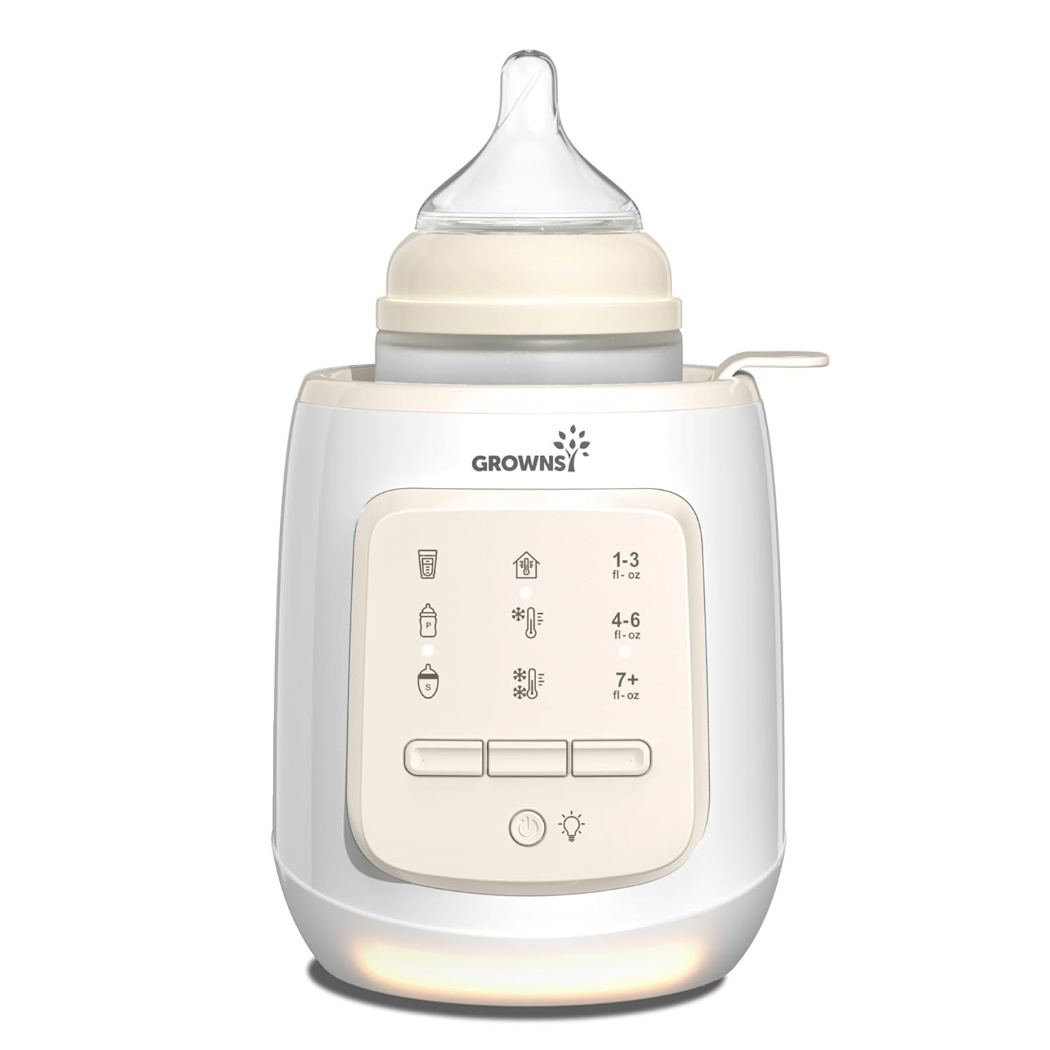 9-in-1 Baby Bottle Warmer: fast warming, defrost, keep warm, sterilize. White/beige digital control unit with bottle.