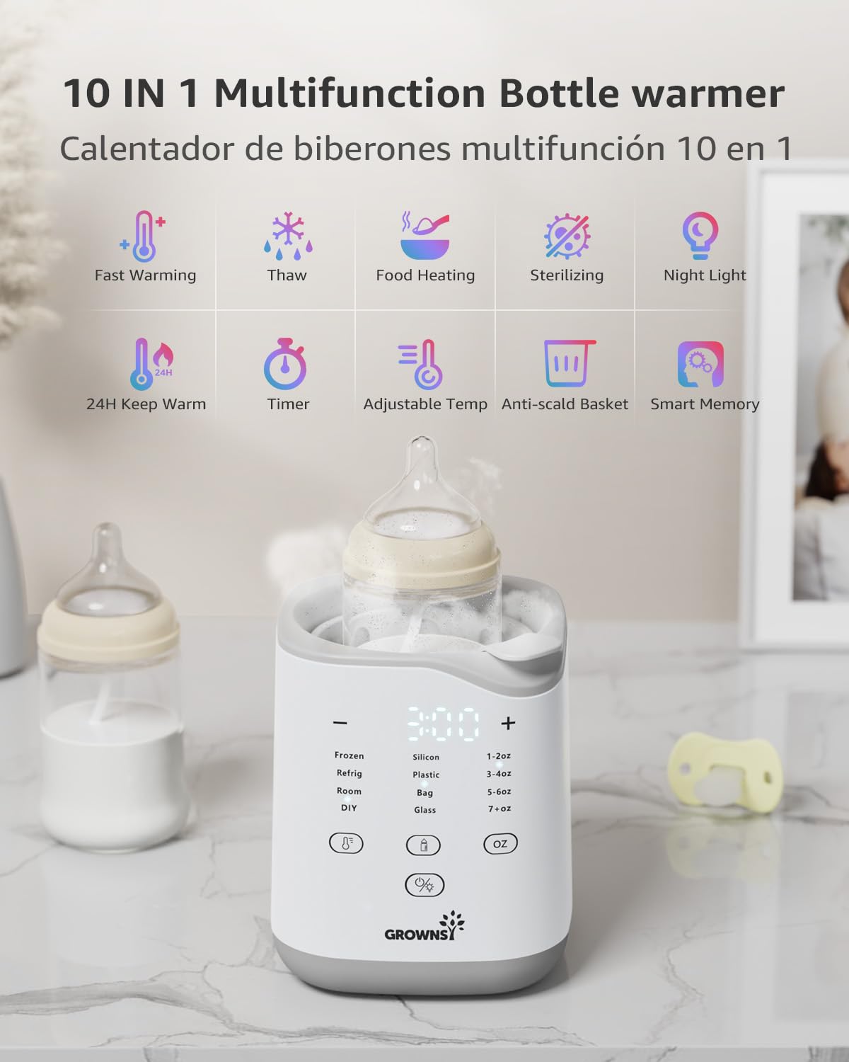 GROWNSY 10-in-1 multifunction bottle warmer: fast warming, thaw, food heating, sterilizing, night light, 24H warm, timer.