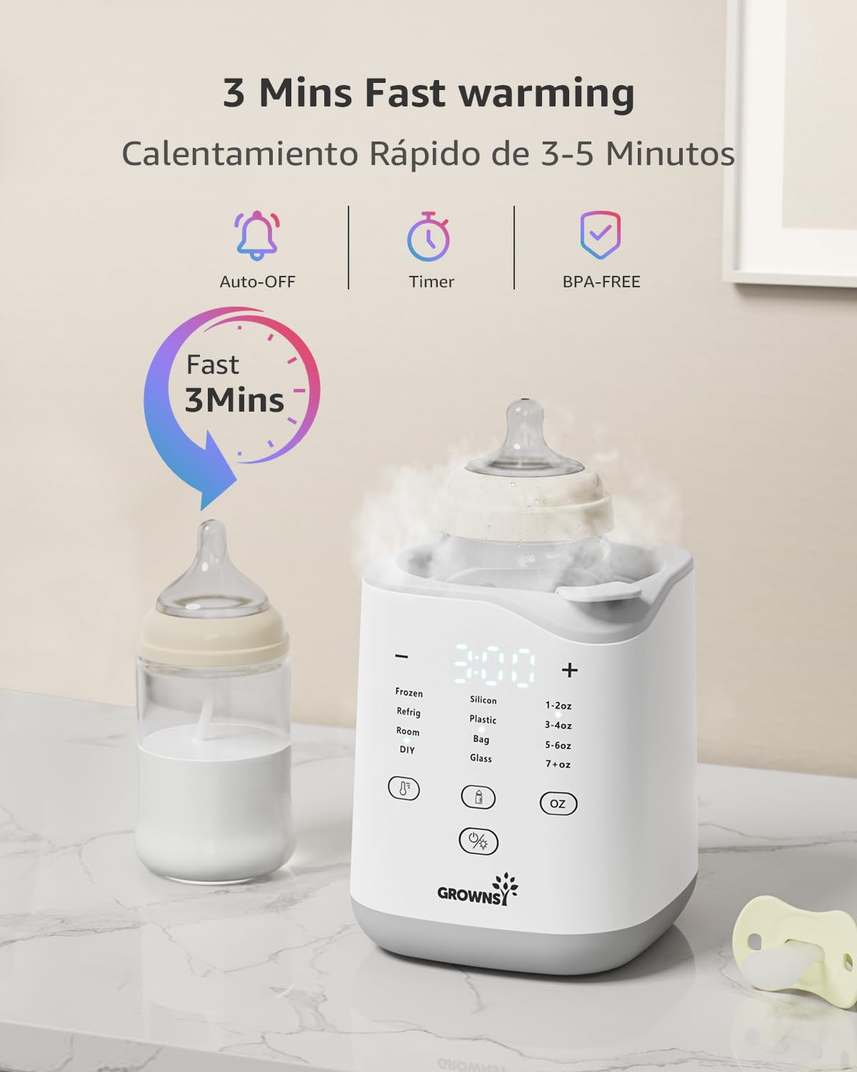 GROWNSY baby bottle warmer, fast warming 3 mins, digital display, Auto-Off, Timer, BPA-FREE.