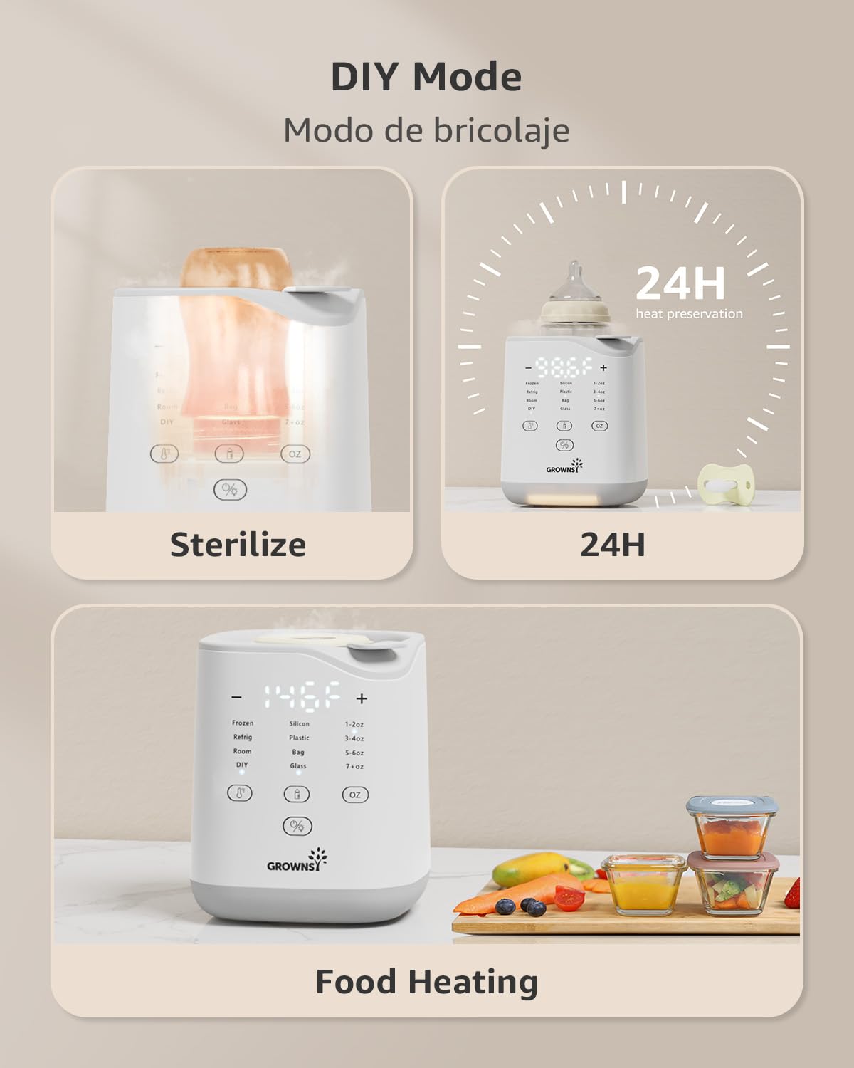 GROWNSY bottle warmer demonstrating sterilize, 24H heat preservation, and food heating functions with digital display.