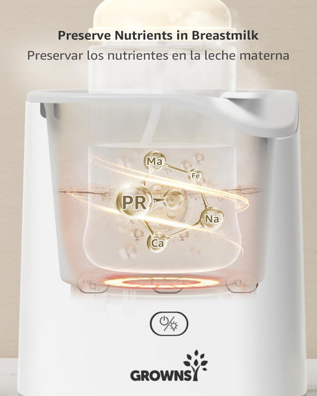 GROWNSY baby bottle warmer preserving breastmilk nutrients with PR, Ma, Fe, Ca, Na molecules.