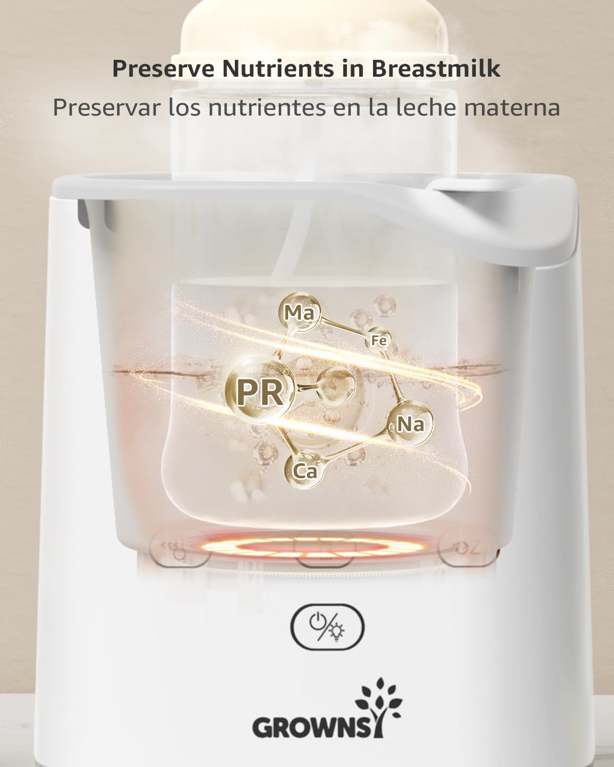 GROWNSY baby bottle warmer preserving breastmilk nutrients with PR, Ma, Fe, Ca, Na molecules.