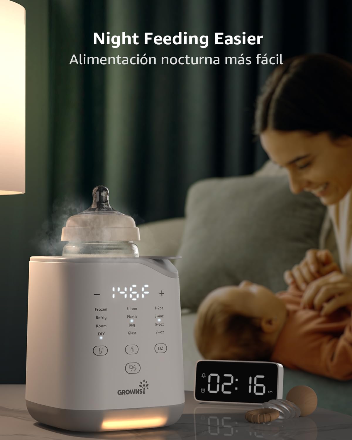 Baby bottle warmer with digital display heating bottle for night feeding, mother and baby blurred background.