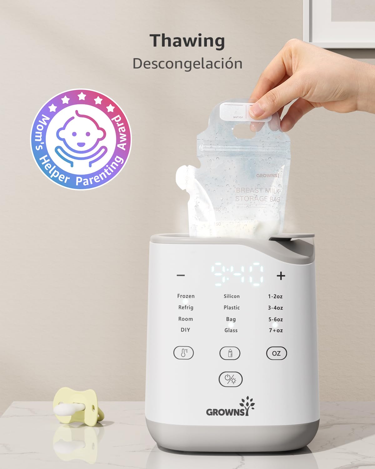GROWNSY bottle warmer thawing breast milk bag, 94F display, fast thawing for parents.