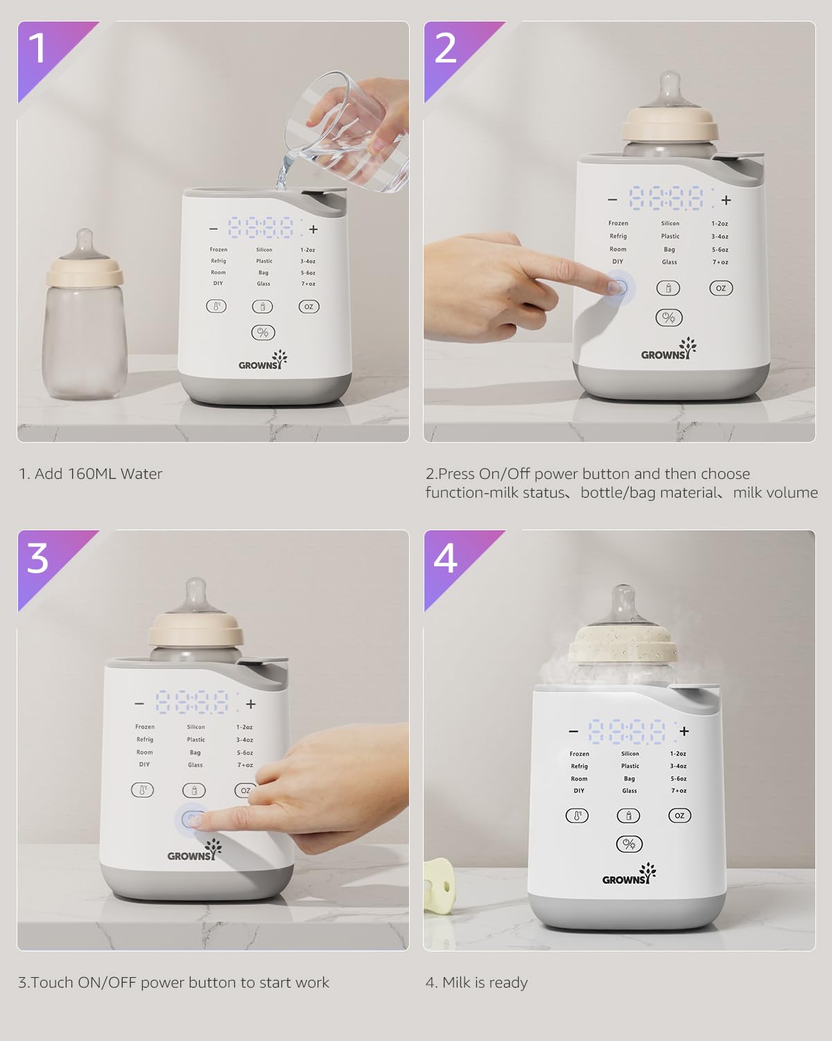GROWNSY bottle warmer usage guide: Add water, select settings, start, and milk is ready. Step-by-step instructions.