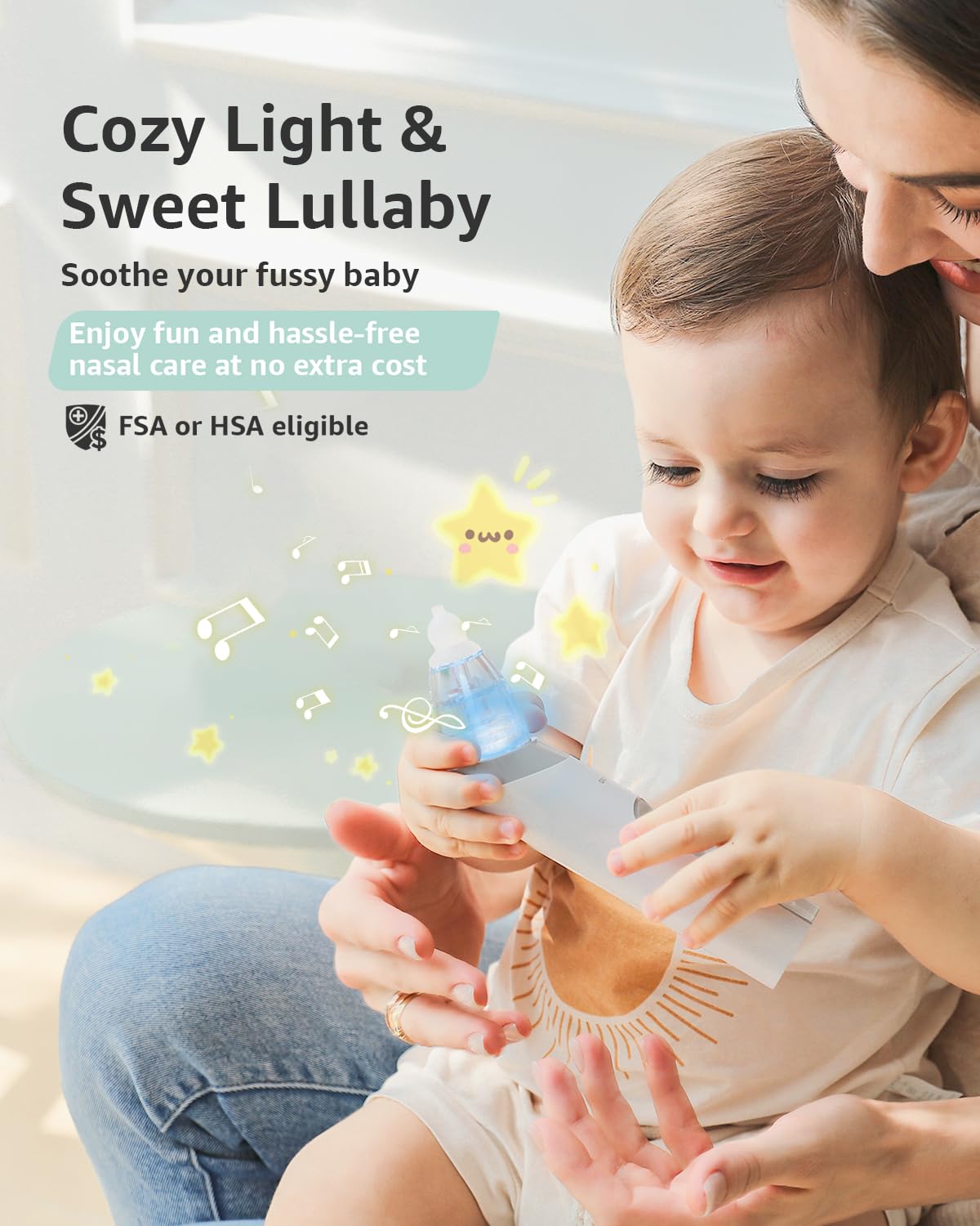 Mother using Grownsy nasal aspirator on baby, highlighting soothing lullaby feature and FSA/HSA eligibility.
