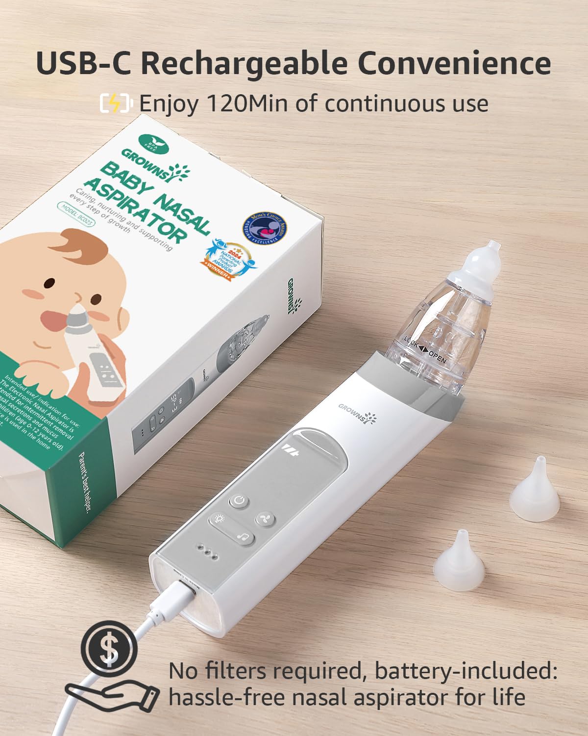 Grownsy USB-C rechargeable baby nasal aspirator with 3 soft tips and charging cable, highlighting convenience and features.