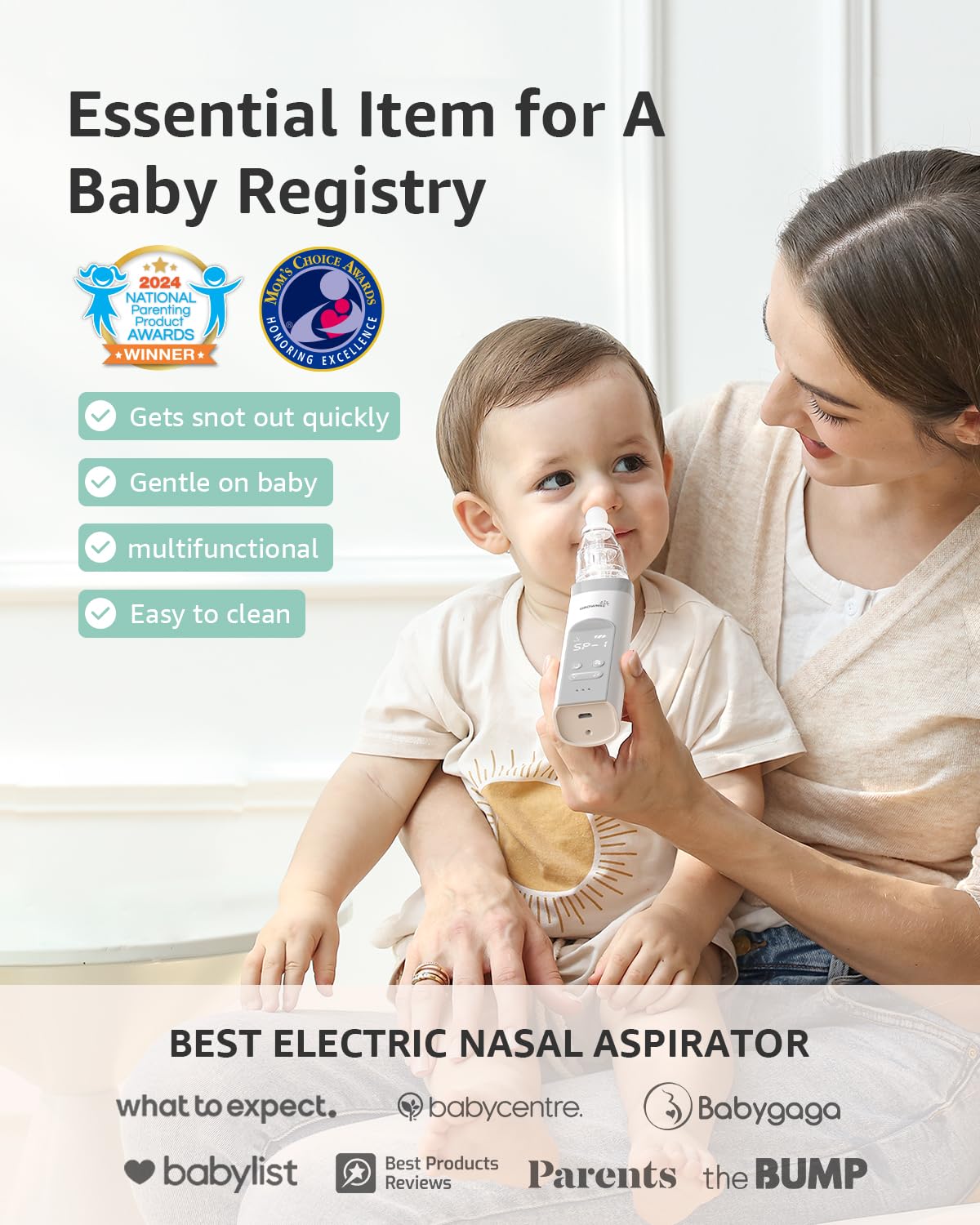 Mother uses Grownsy nasal aspirator on baby, showing gentle, effective snot removal. Baby registry essential.