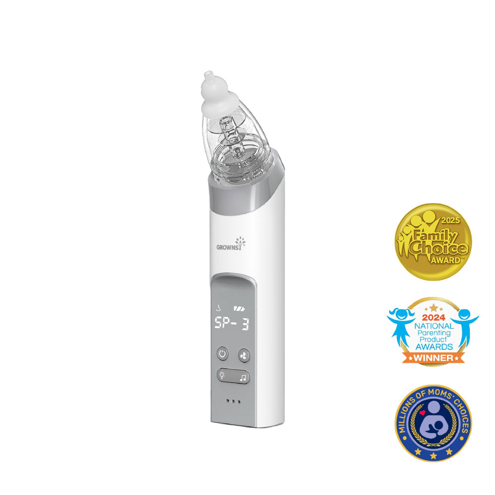 White and grey baby electric nasal aspirator with SP-3 display and award badges.