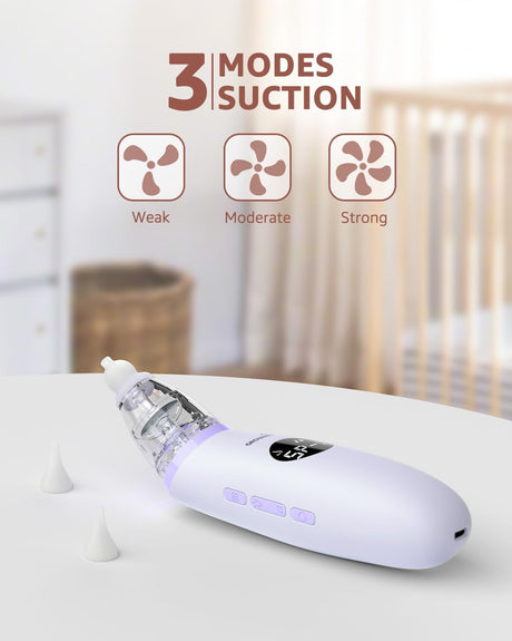 GROWNSY infant nasal aspirator with 3 suction modes: Weak, Moderate, and Strong, includes silicone tips.