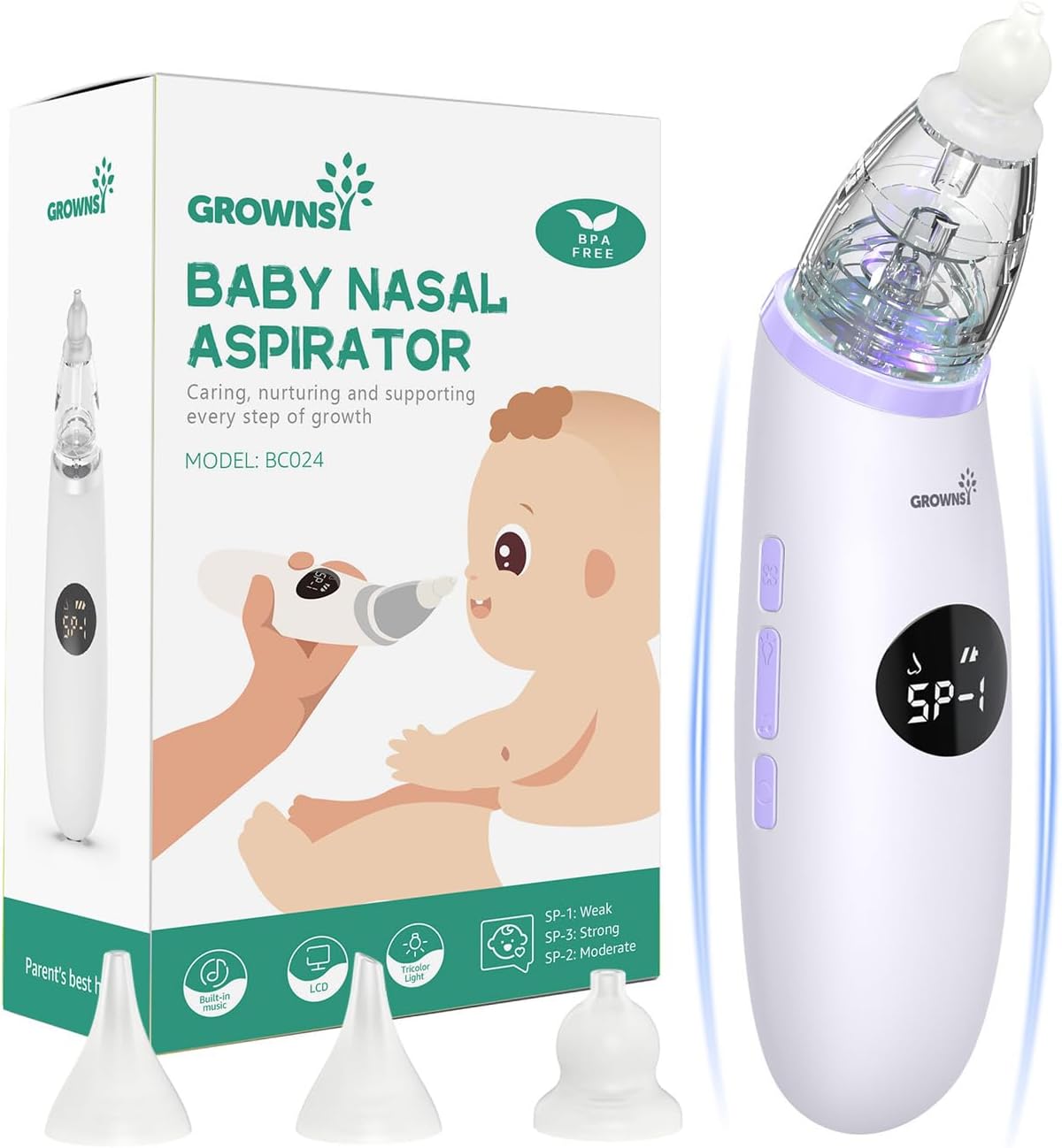 GROWNSY white baby nasal aspirator with digital display, includes tips and packaging. Product shot.