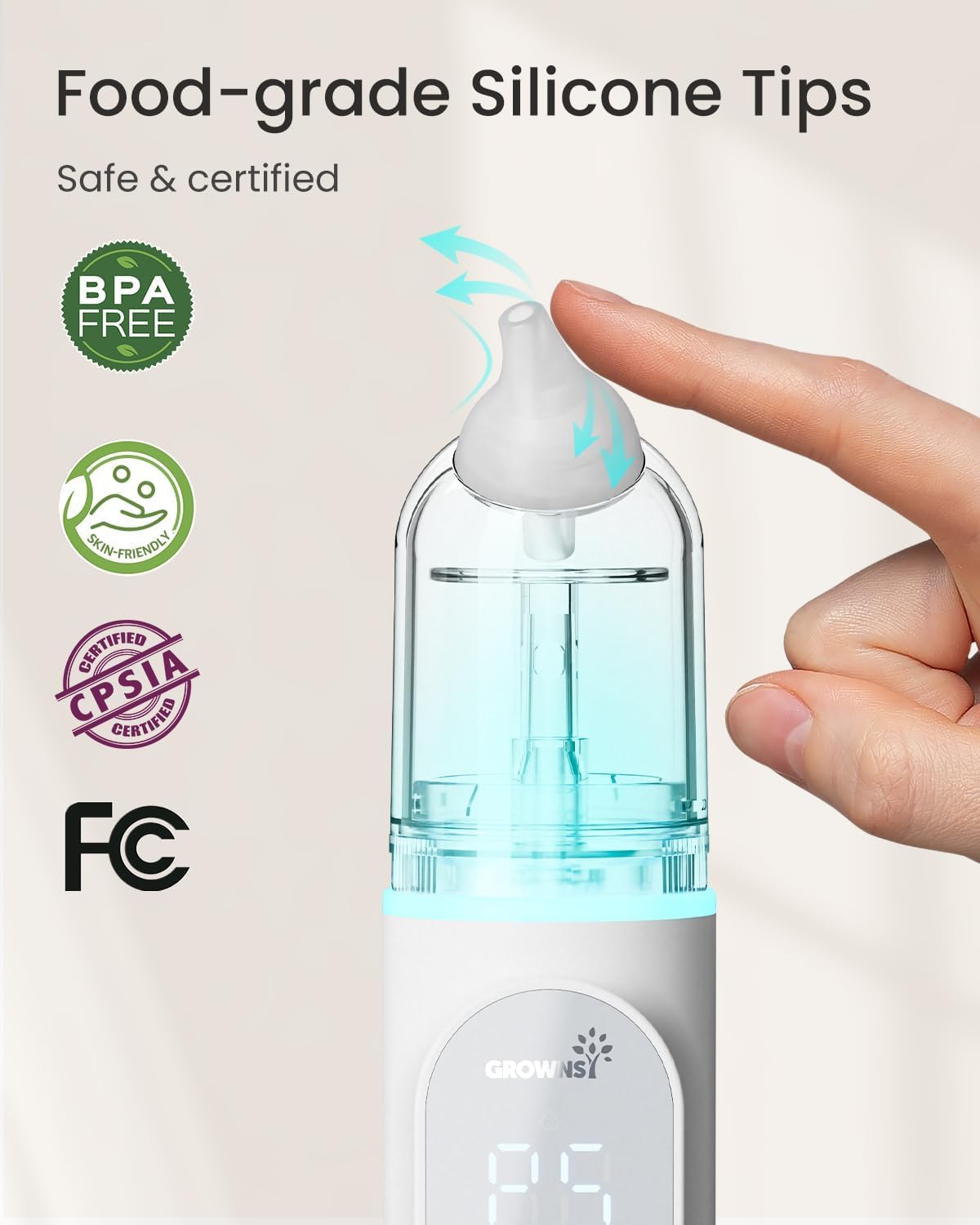 Baby nasal aspirator with BPA-free, food-grade silicone tip. CPSIA & FC certified.