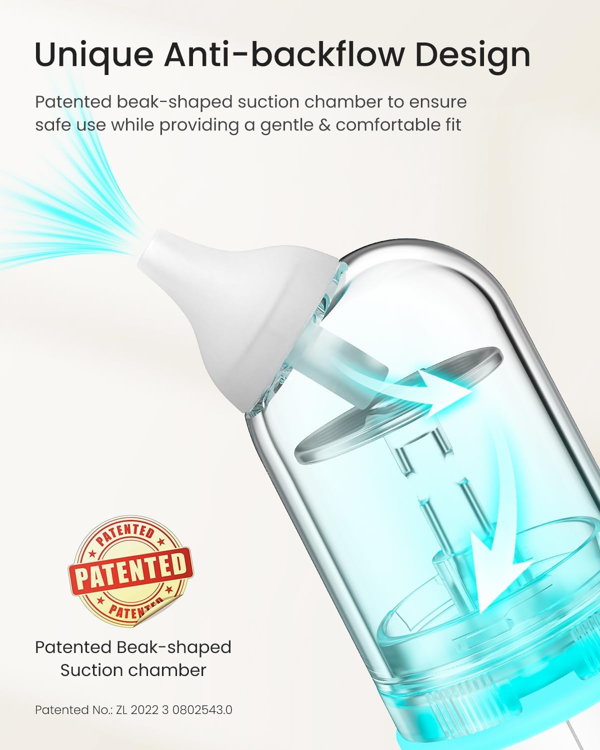 Electric baby aspirator patented beak-shaped chamber, unique anti-backflow design, blue airflow graphic.