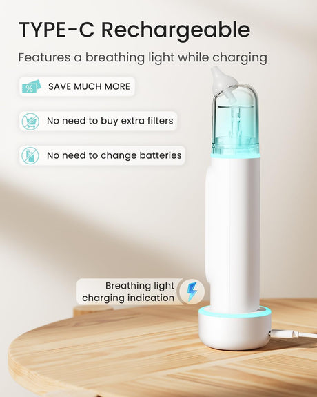 White electric nasal aspirator, Type-C rechargeable with illuminated blue chamber, breathing light indicator, filterless.