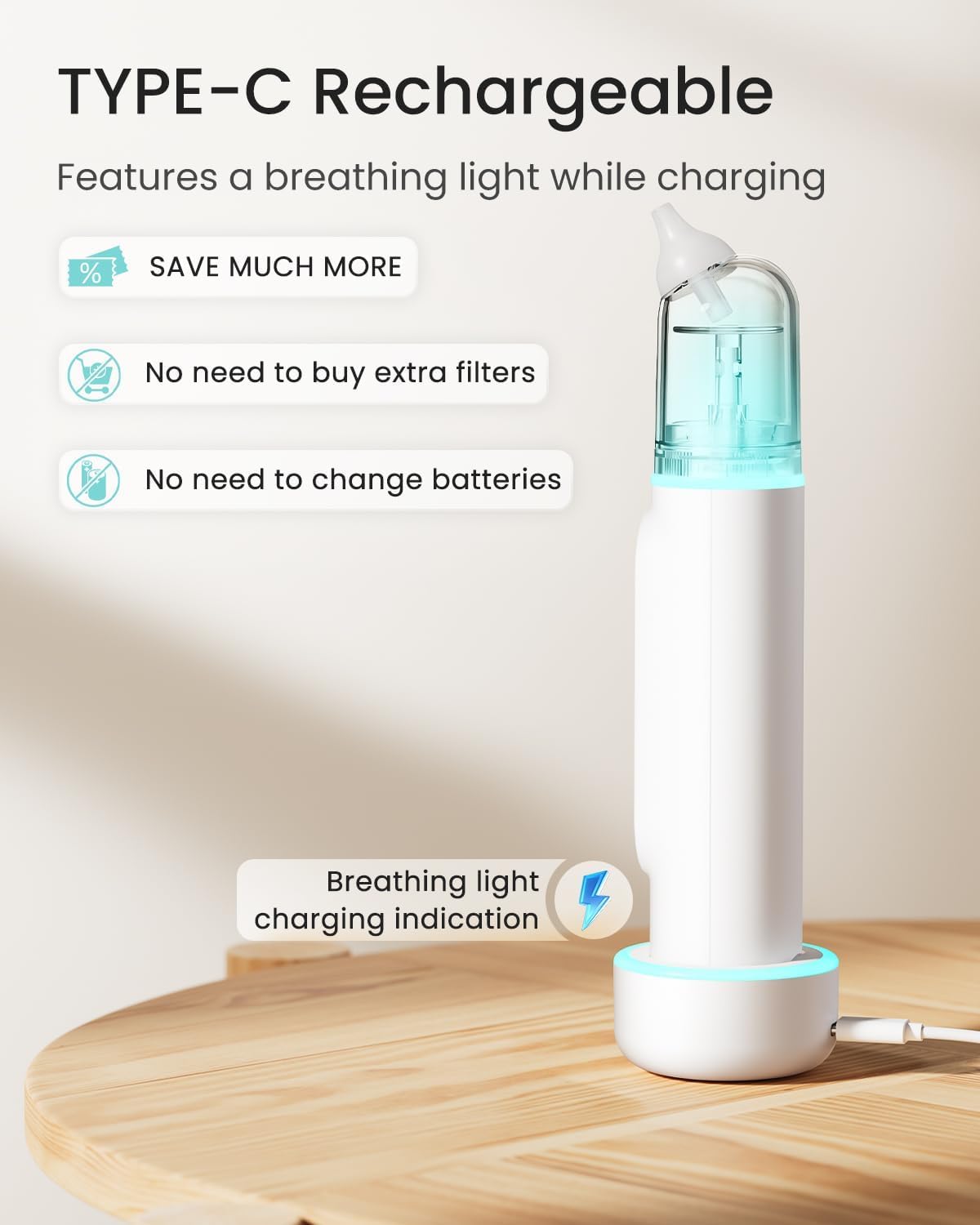 White electric nasal aspirator, Type-C rechargeable with illuminated blue chamber, breathing light indicator, filterless.