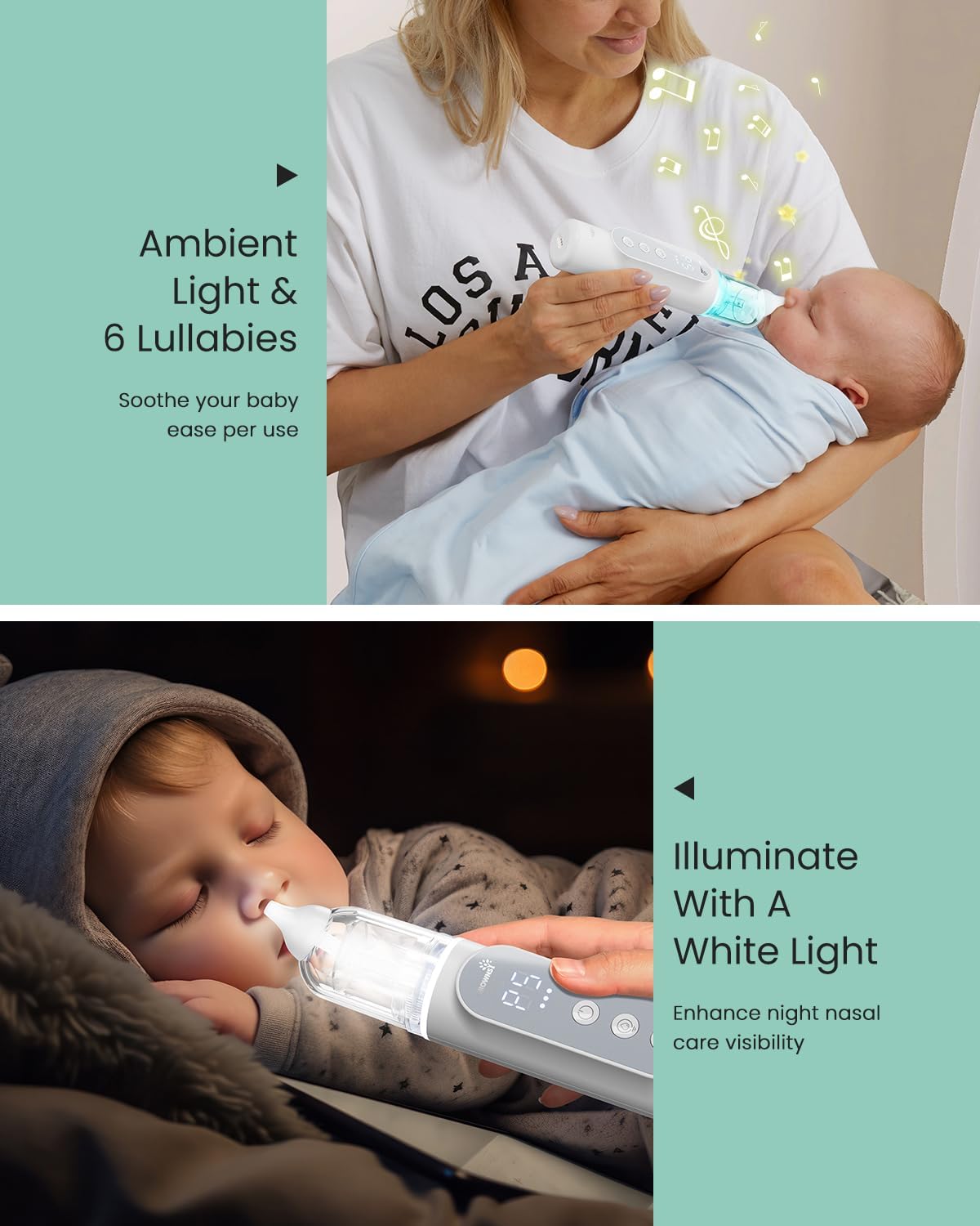 Mother uses light & music nasal aspirator on baby; device illuminates baby's nose for night care.