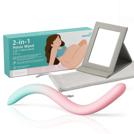 Dual-ended perineal wand (mint green/pink), packaging, and mirror for labor and postpartum care.