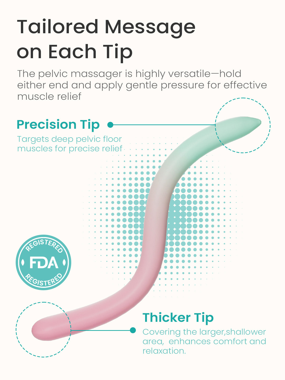 Dual-ended perineal wand, pink to mint green. Precision tip for pelvic floor, thicker tip for relaxation. FDA Registered.