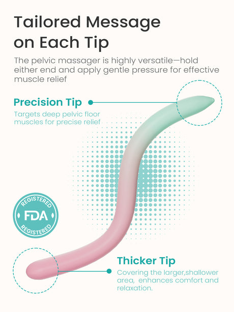 Dual-ended perineal wand, pink to mint green. Precision tip for pelvic floor, thicker tip for relaxation. FDA Registered.